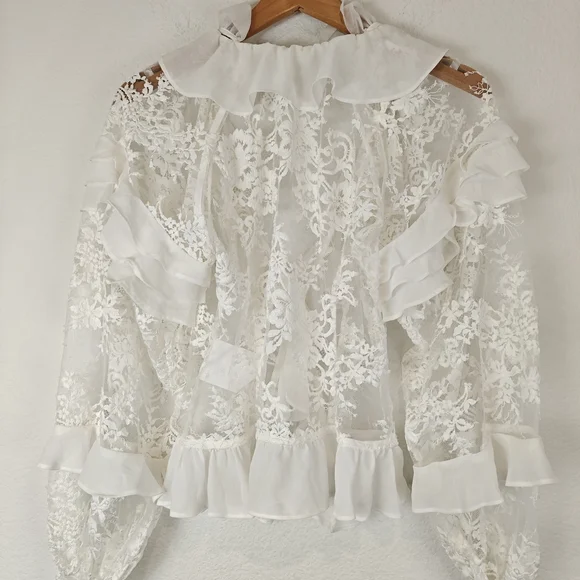 For Love & Lemons Holiday Lace Blouse (SAMPLE) Silk Top S Romantic Sheer Lace - Picture 15 of 16